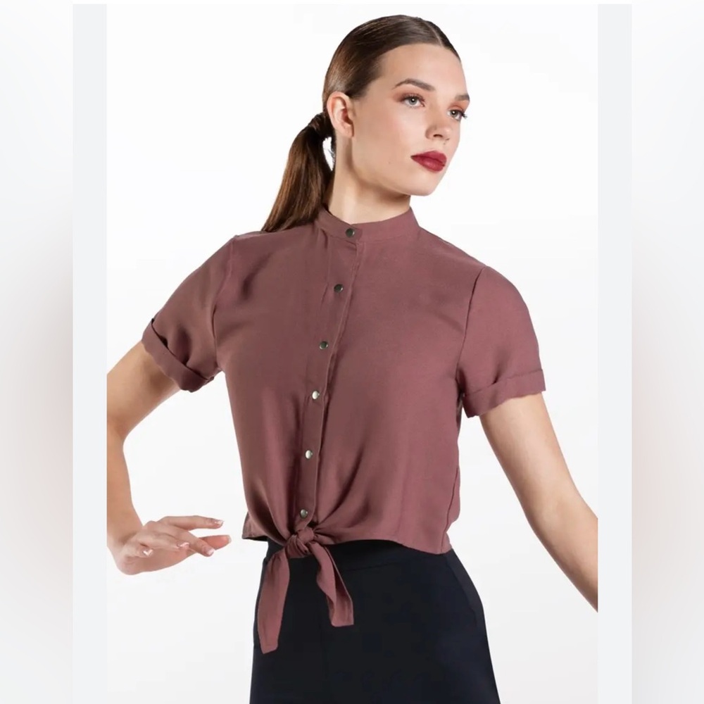 AH12301 Weissman Mixify Button Down Tie Front Shirt Mauve AS Dance Costume Small